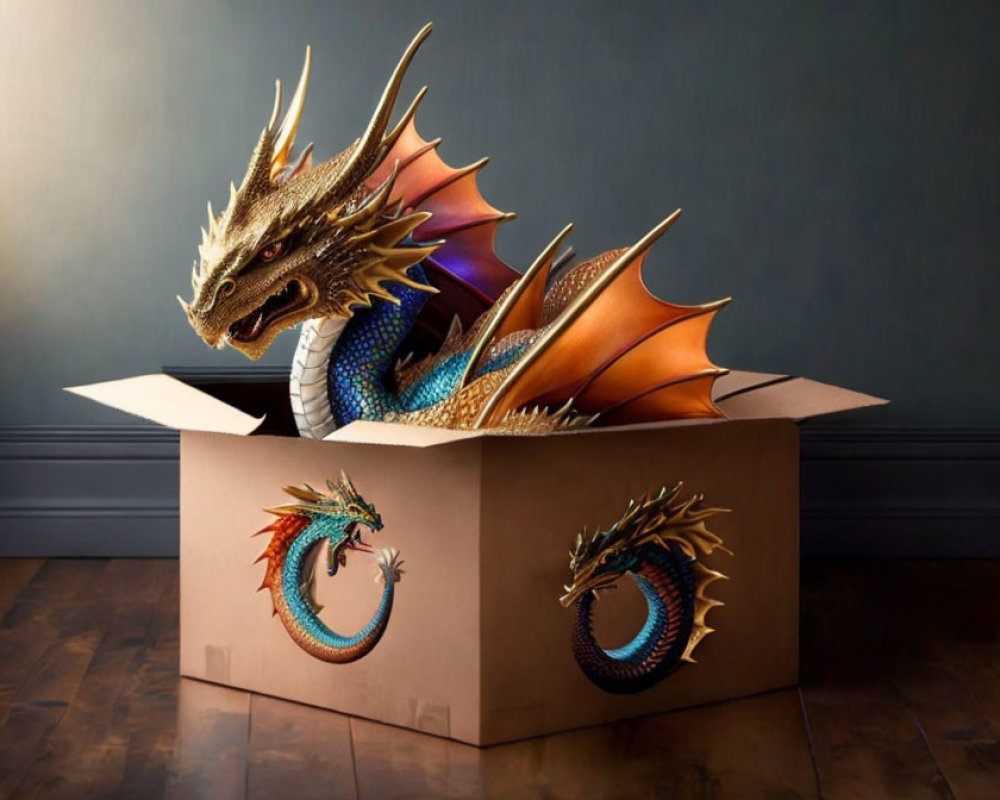 Detailed realistic dragon figurine with scales, horns, and wings emerging from cardboard box