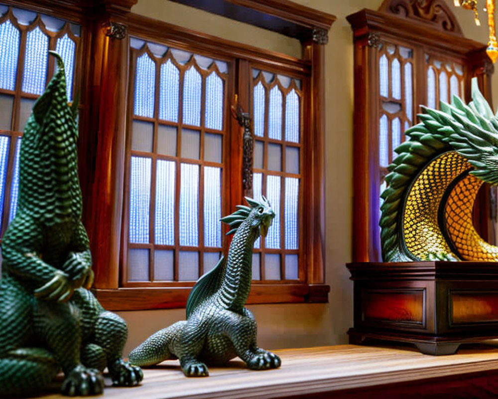 Ornate dragon sculptures on wooden windowsill with stained glass window