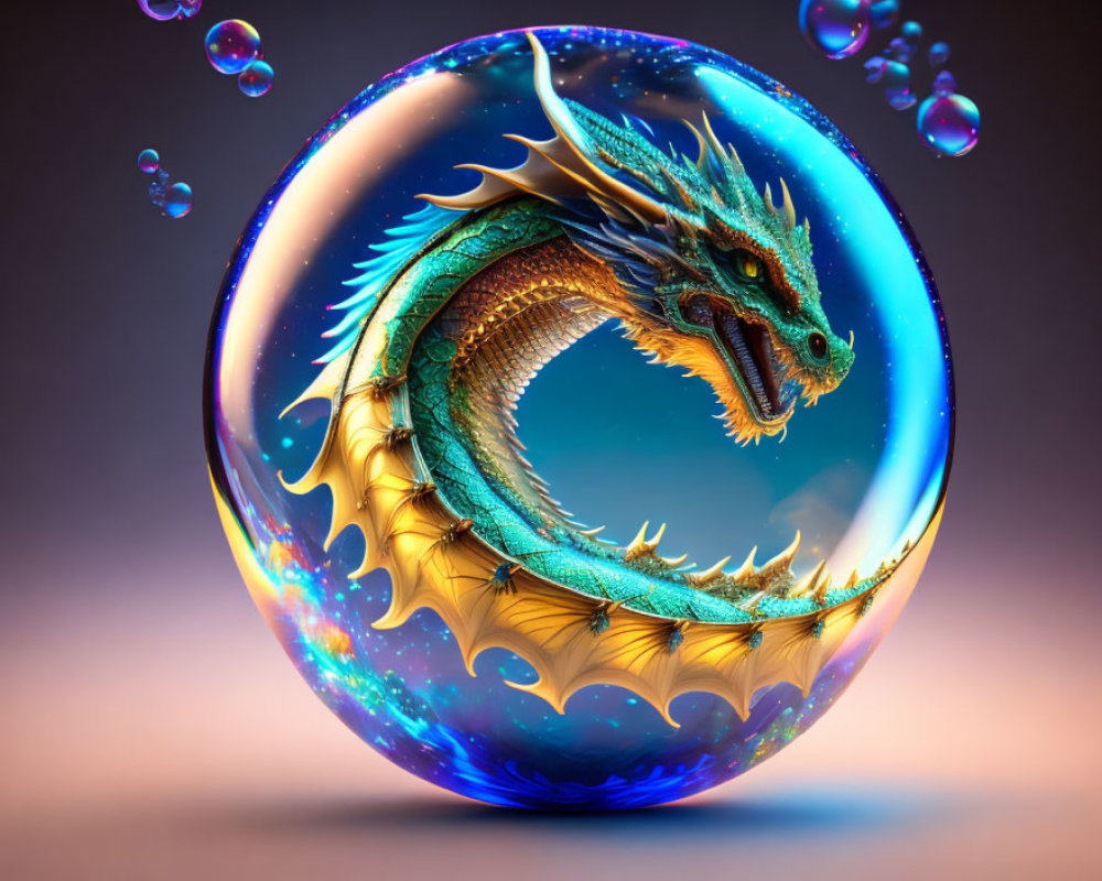 Colorful 3D mythical dragon in bubble with smaller bubbles on purple background
