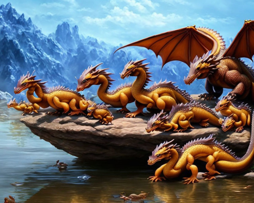 Orange and Brown Dragons on Rocky Outcrop by Blue Lake and Mountains