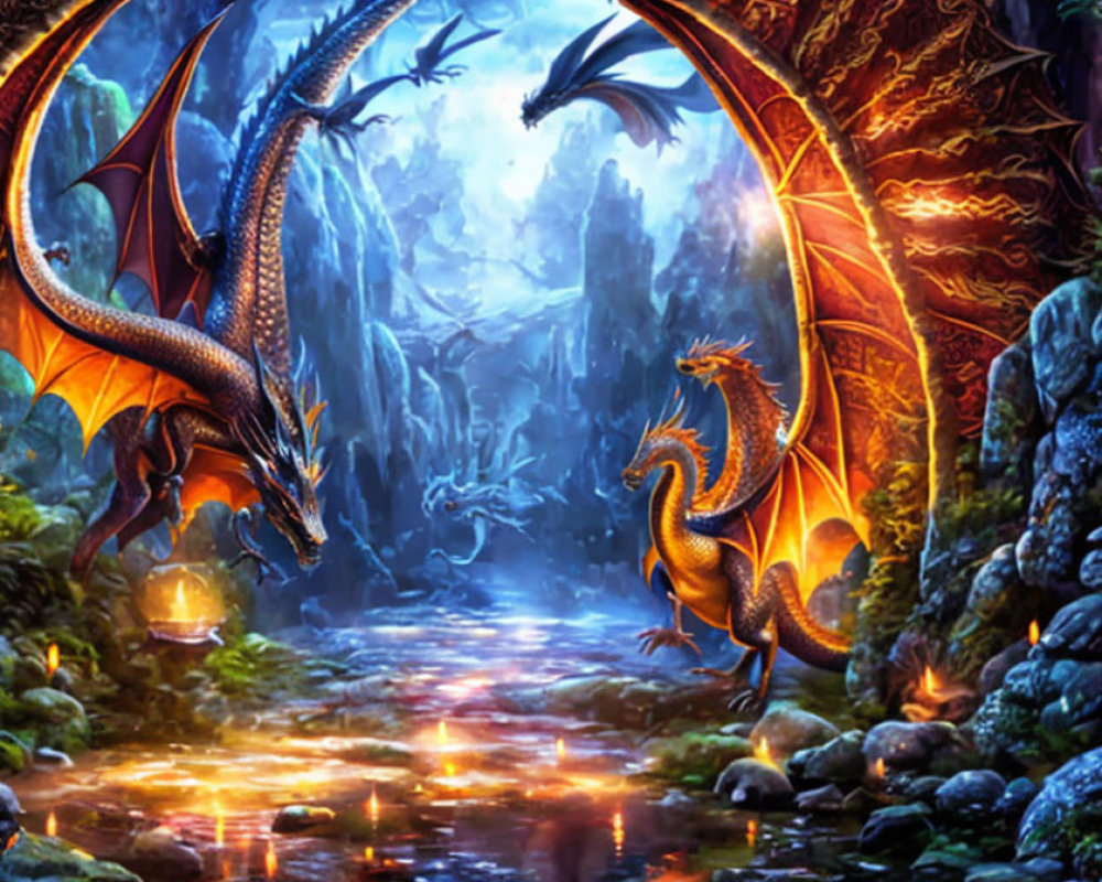 Majestic dragons in vibrant fantasy landscape with mystical river