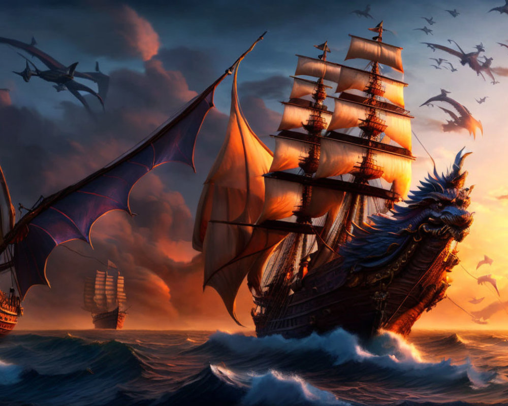 Majestic ship sailing under dramatic sky with dragon and birds in golden sunset sea