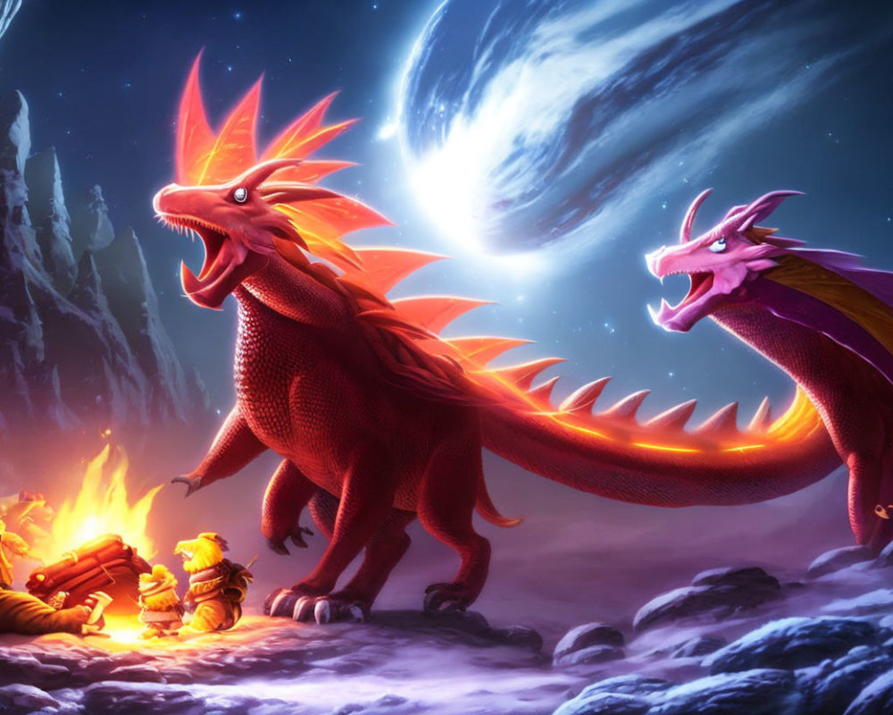 Vibrant dragons by campfire under moonlit sky with icy mountains