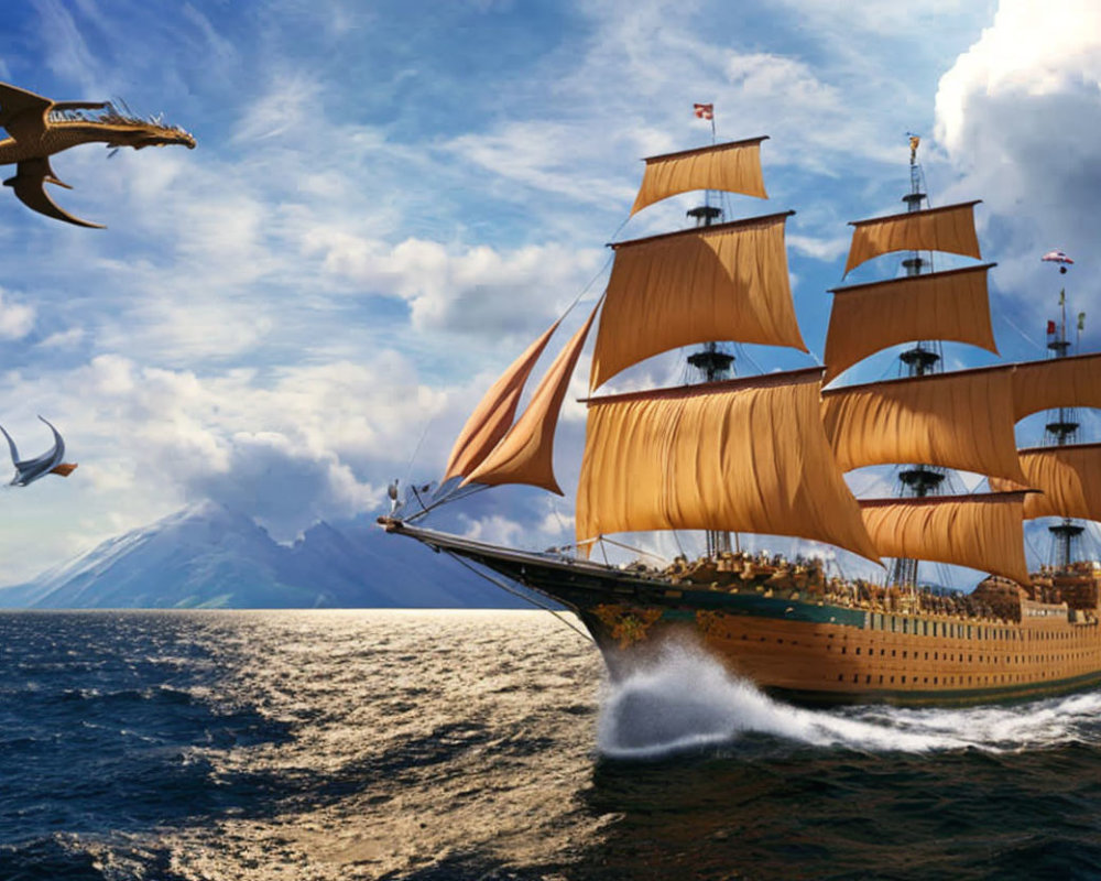 Majestic sailing ship with full sails, flying creatures, and towering volcano