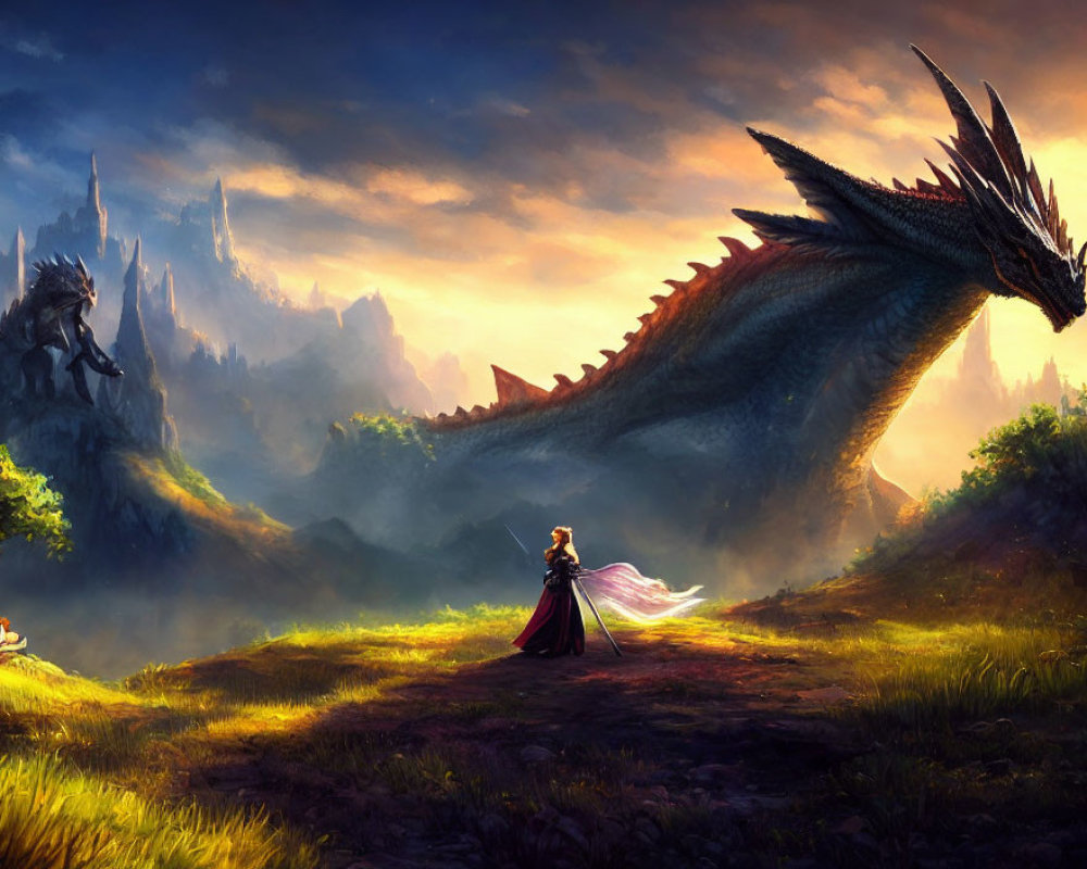 Majestic dragon and woman in vibrant fantasy landscape with sunlight and mountains