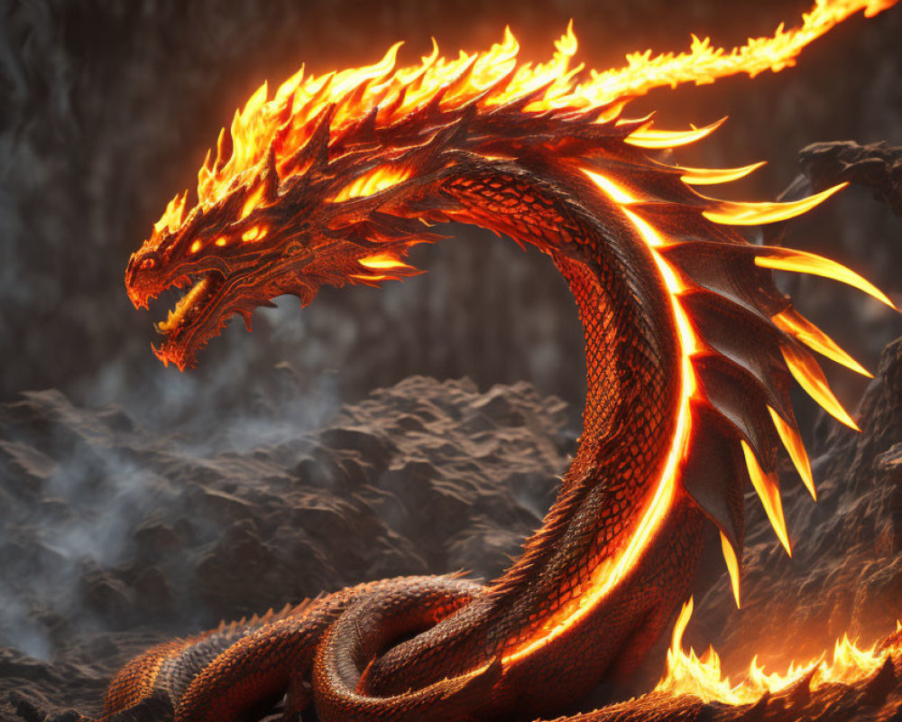 Fiery dragon with glowing orange scales and blazing flames surrounded by smoke
