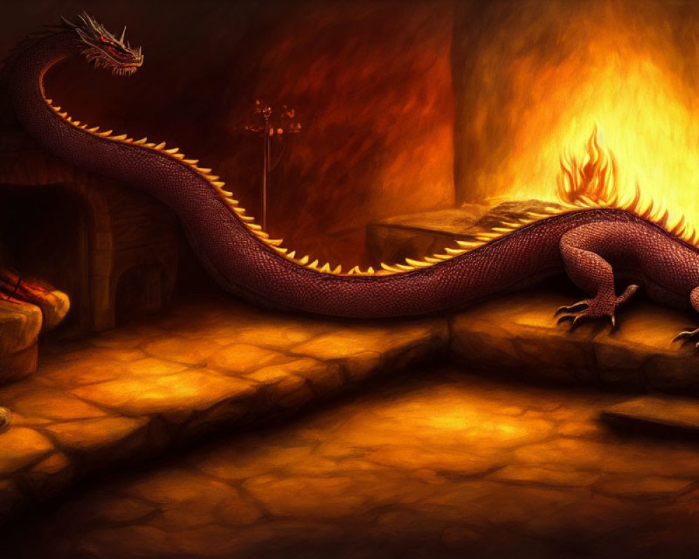 Menacing dragon in dimly lit chamber with fire-lit glow