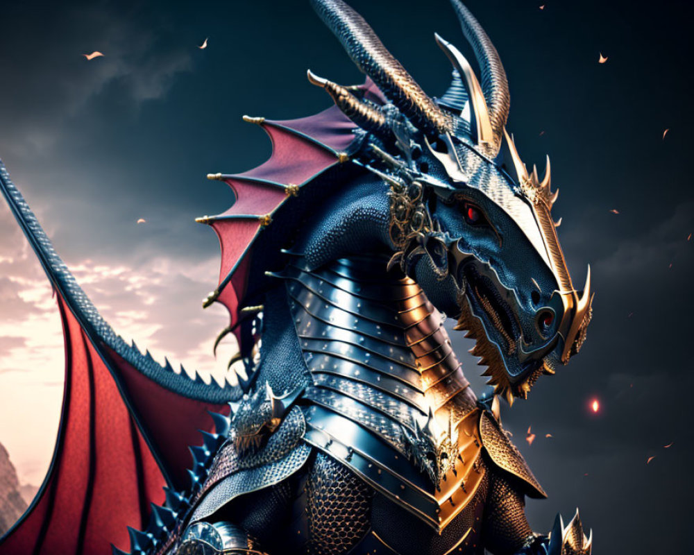 Armored dragon with red eyes and wings in dramatic sky