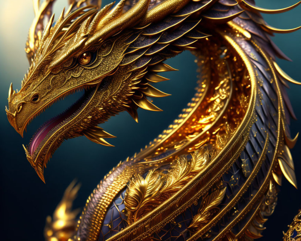 Detailed Golden Dragon with Majestic Horns and Scales