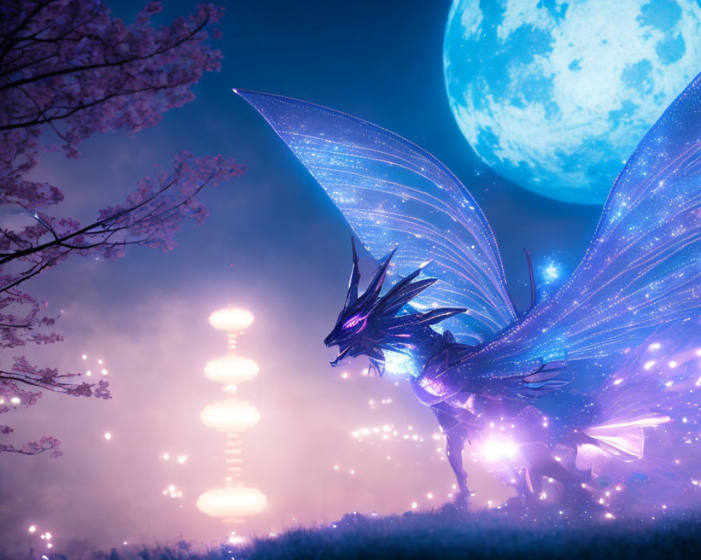 Ethereal dragon with translucent wings in mystical moonlit scene