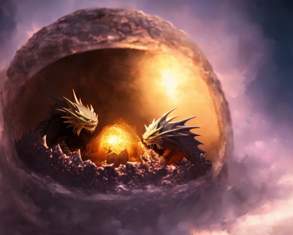 Dragon hatchlings in glowing nest with mist: a magical scene