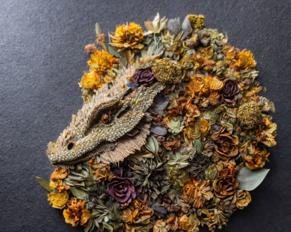 Crocodile head sculpture with dried flowers in yellow, orange, and purple