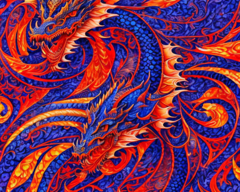 Vibrant orange and blue intertwined dragon illustration with swirling flames
