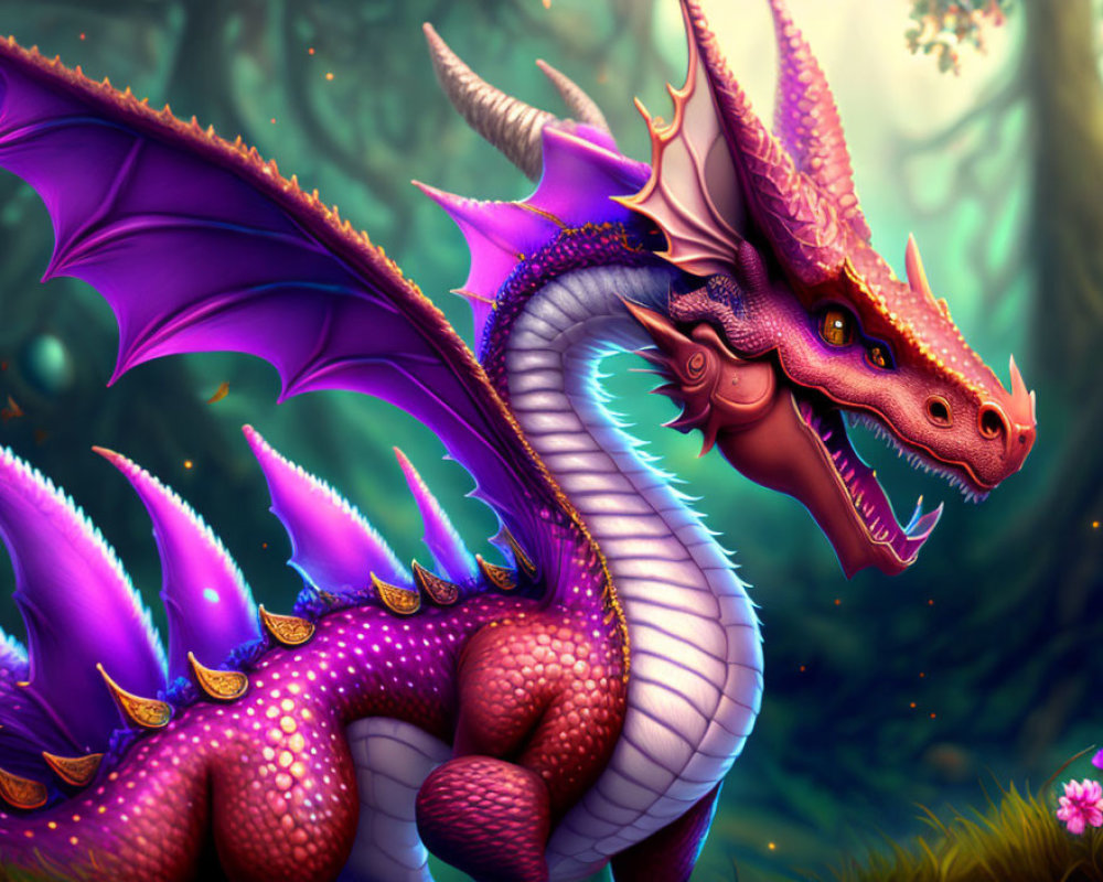 Colorful Purple and Pink Dragon with Majestic Wings in Enchanting Forest