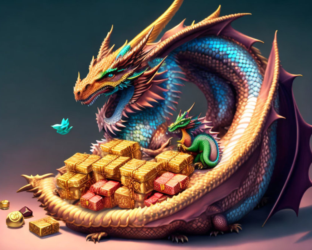 Shimmering blue dragon guarding gold bars with offspring