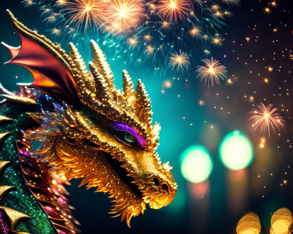 Golden dragon with intricate details and shimmering scales in fireworks backdrop