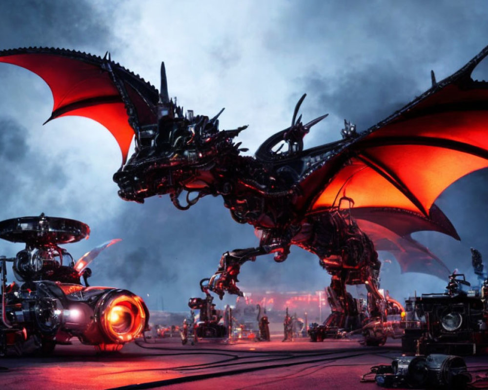 Mechanical dragon with red glowing wings in futuristic setting at dusk