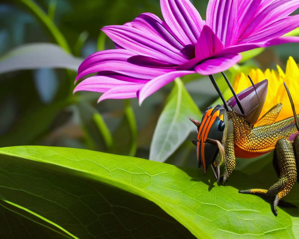 Colorful Grasshopper on Green Leaf with Purple and Yellow Flower