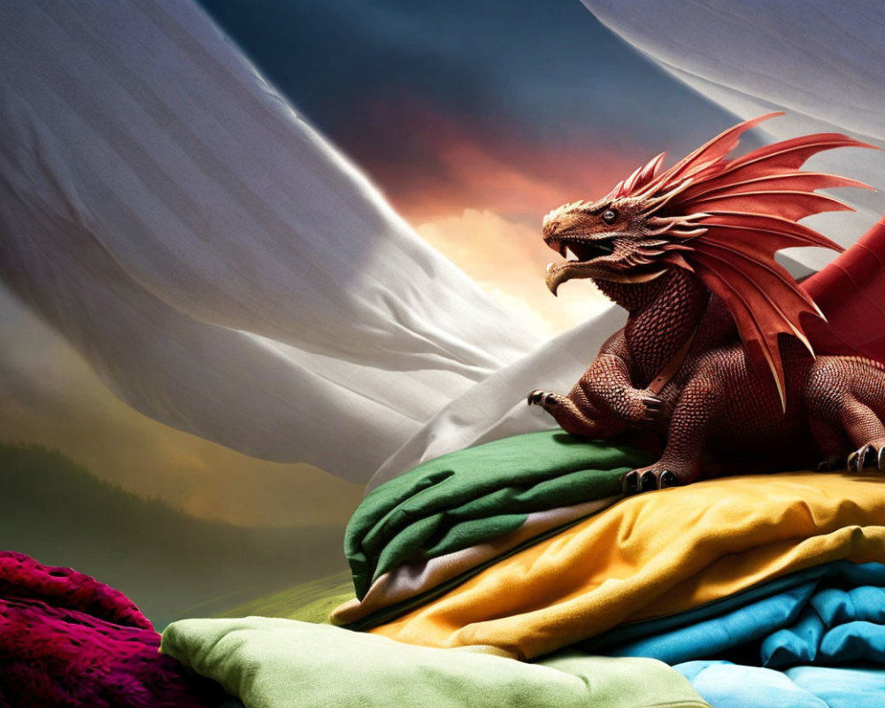 Majestic red dragon on colorful fabrics with dramatic sky backdrop