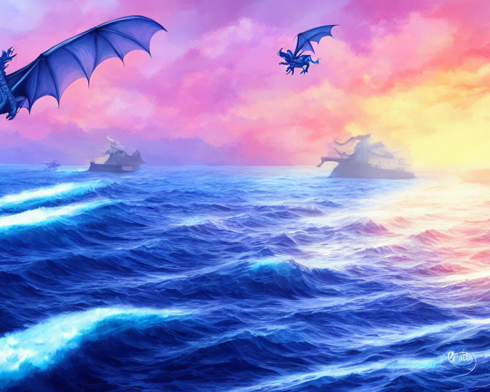 Fantastical seascape with dragons, sailing ships, and dramatic sky