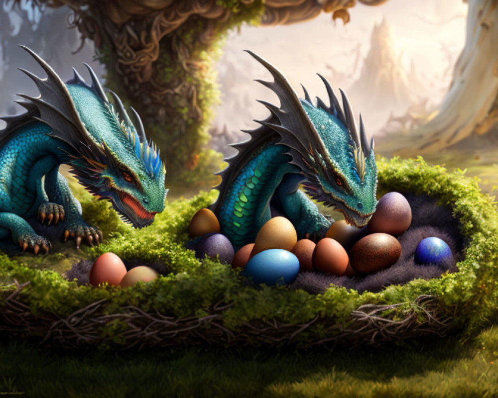 Blue Dragons and Colorful Eggs in Mystical Forest Setting