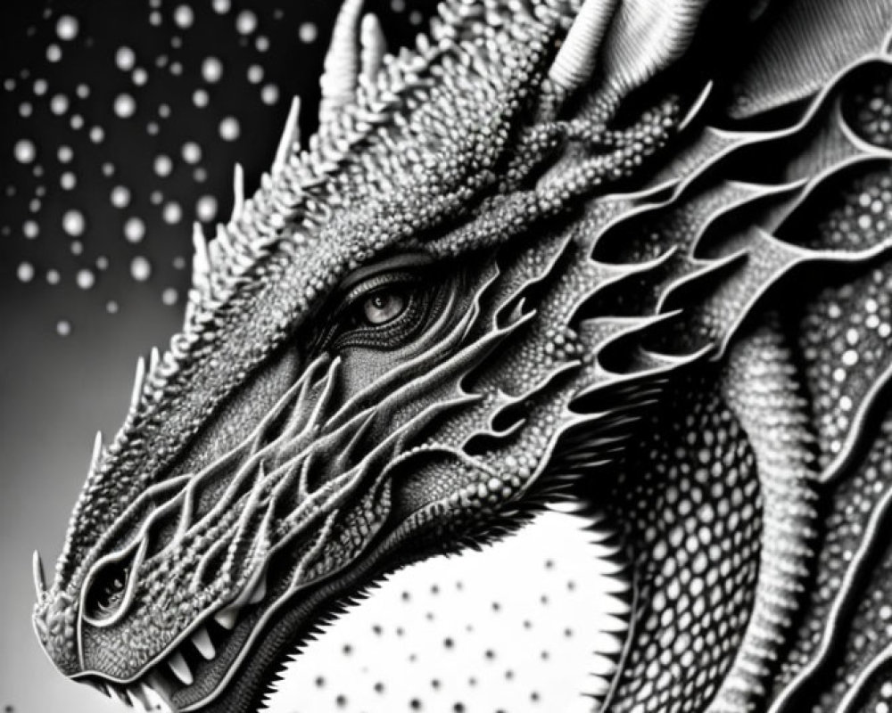 Detailed Monochromatic Dragon Head Illustration with Scales and Horns
