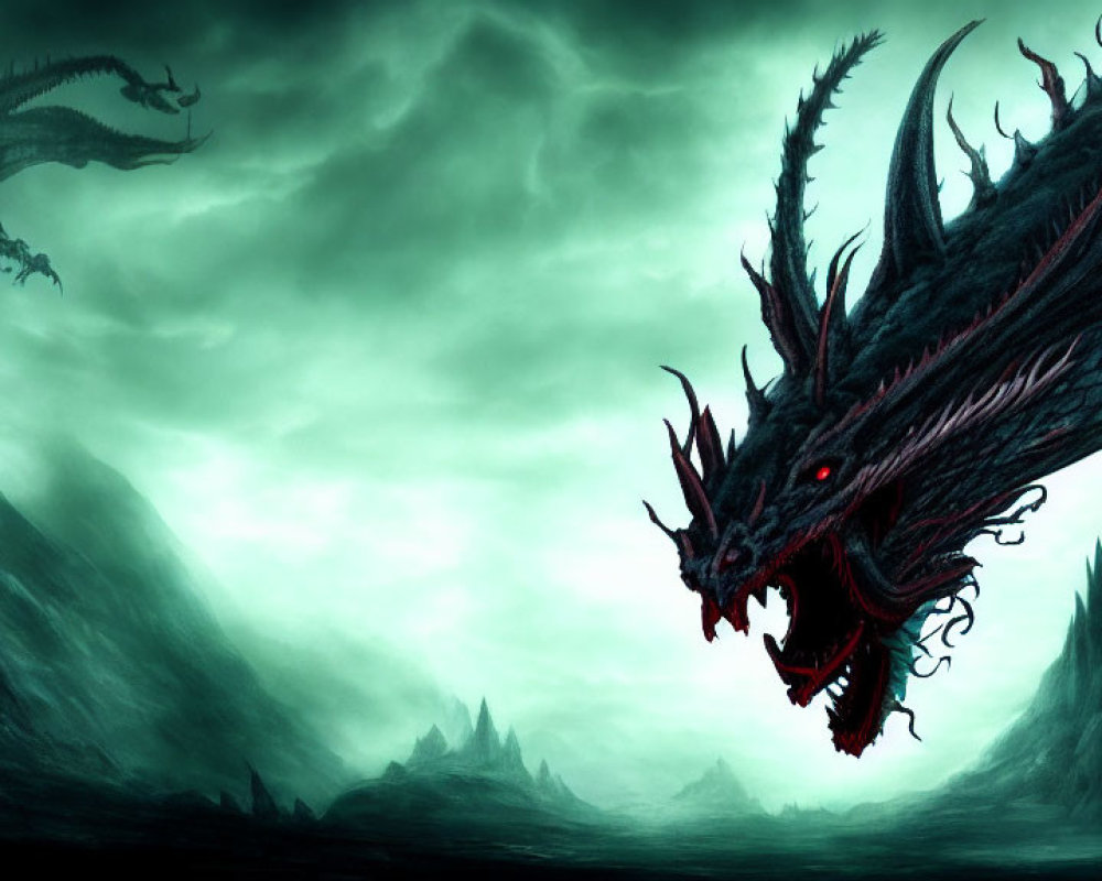 Black dragon with red eyes in dark, moody landscape
