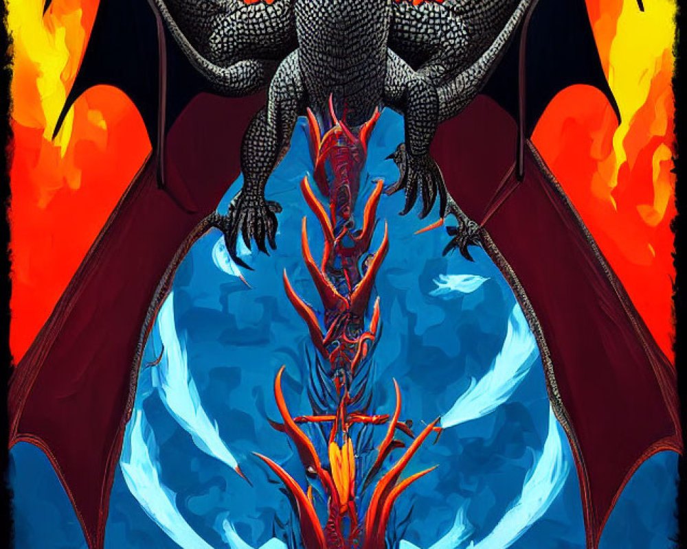 Fiery dragon with widespread wings and fierce expression above "RGN" word, flames and water in