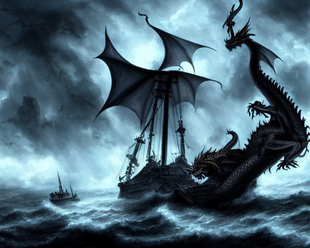Menacing black dragon in stormy seascape with sailing ships