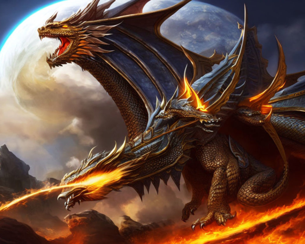 Fiery multi-headed dragon emerges from lava in fantasy sky