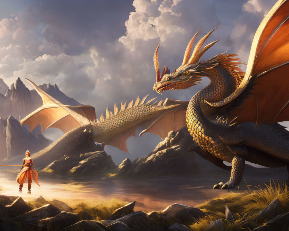 Orange dragon observing cloaked figure on beach with mountainous backdrop