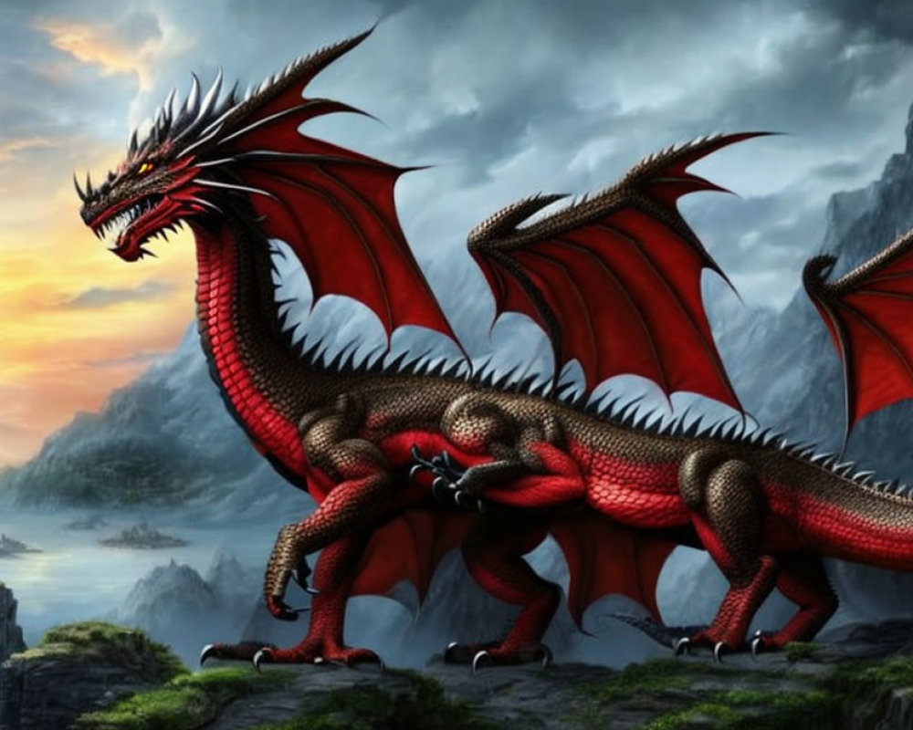 Red dragon with black spikes and large wings on rocky terrain with stormy sky and sea