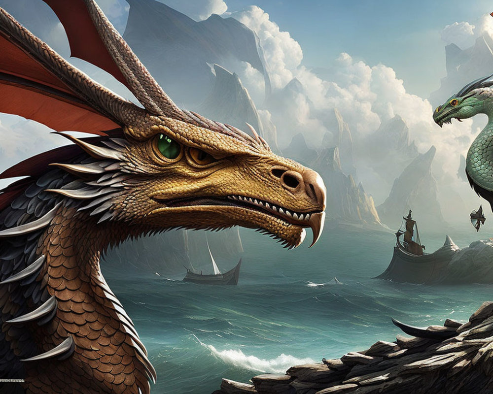 Detailed artwork: Two dragons by rocky coast with ships on choppy sea under cloudy sky