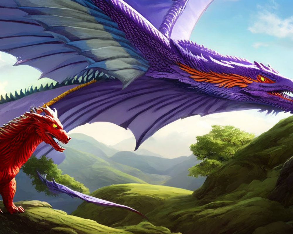 Purple and Red Dragons Flying Over Green Landscape with Mountains and Blue Sky