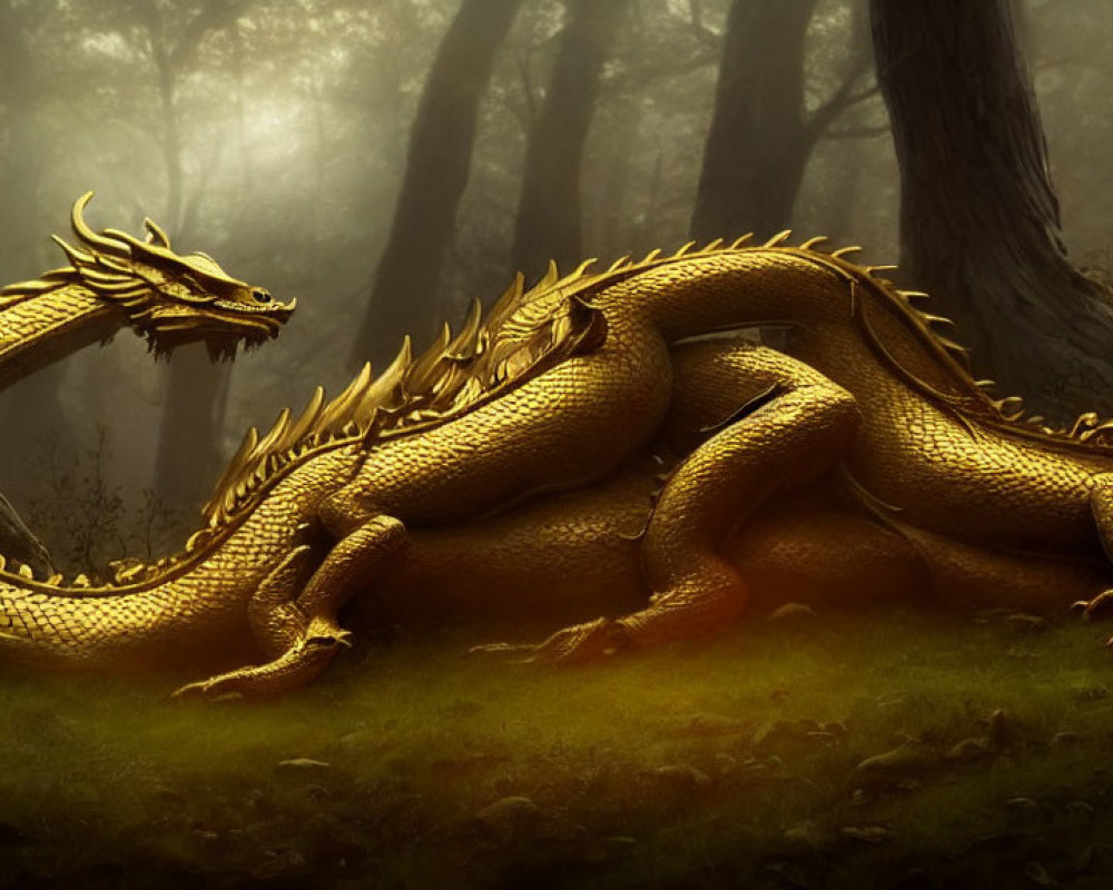 Golden dragon with shimmering scales in misty forest