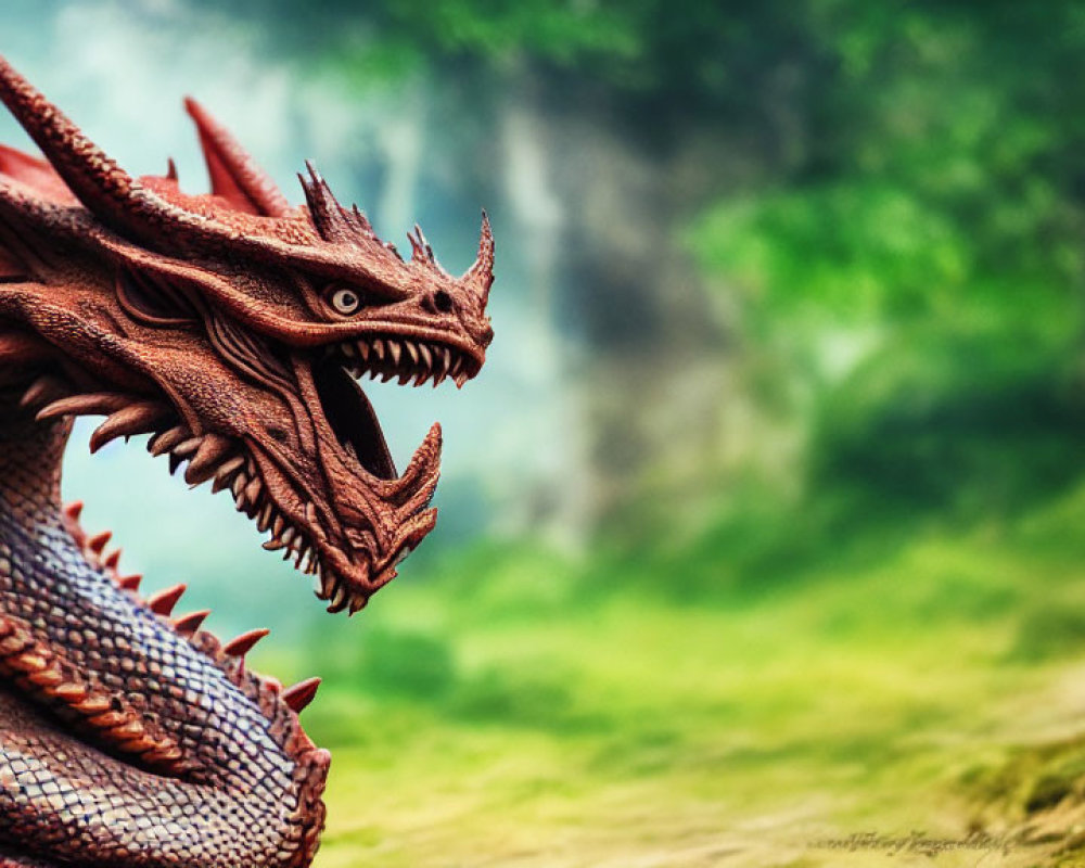 Vivid Red Dragon with Intricate Scales and Horns on Soft-Focused Background