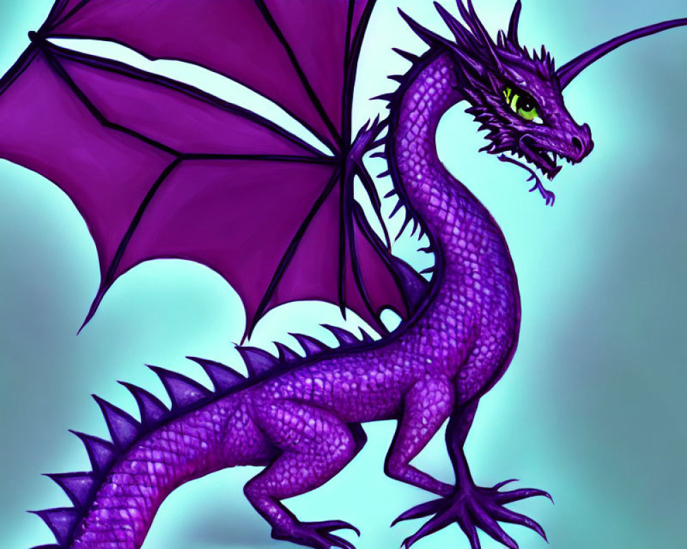 Purple dragon with green eyes and wings on teal background