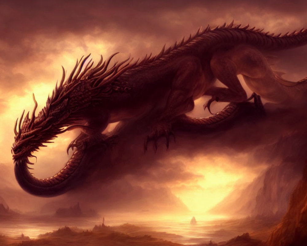 Majestic dragon with spiky ridges on rocky terrain under warm sunset glow