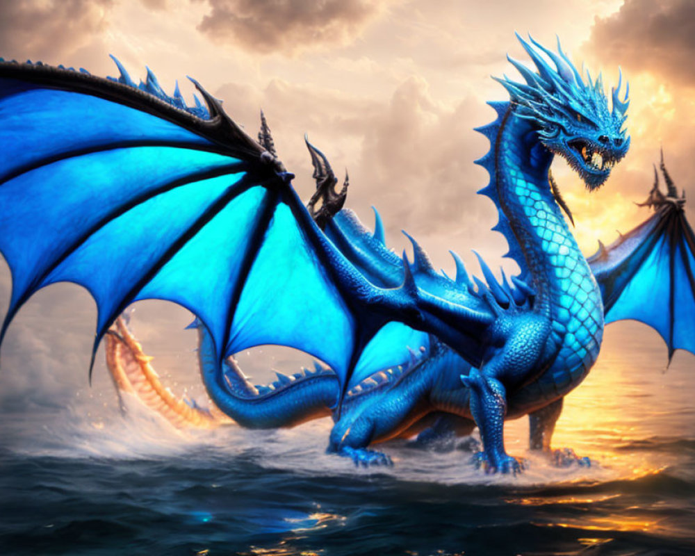 Blue dragon emerges from ocean at sunset