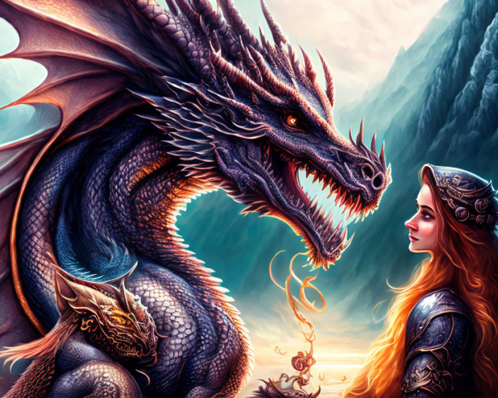 Blue dragon confronts armored woman with crown in mountain twilight scene