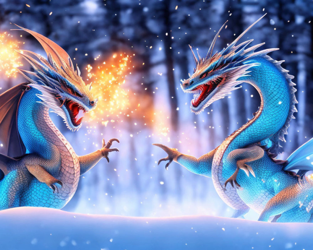 Two Extended Wing Blue Dragons in Snowy Landscape with Glowing Embers