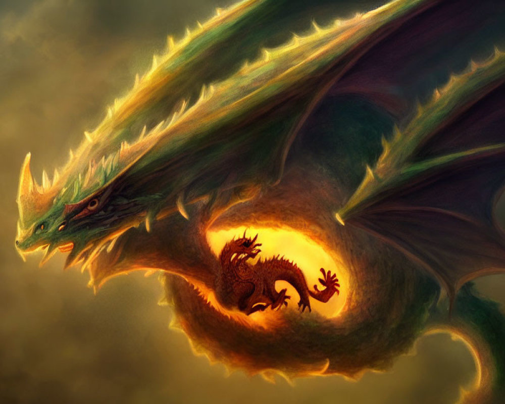 Green-scaled dragon with fiery glow and large wings in dramatic sky