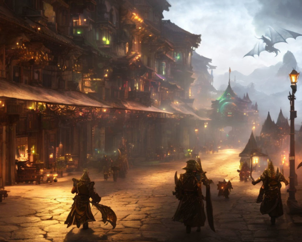 Fantasy city street at dusk with glowing lights and a dragon above traditional architecture.