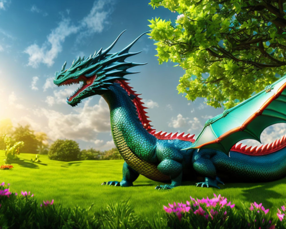 Blue Dragon with Aqua Wings in Sunny Meadow