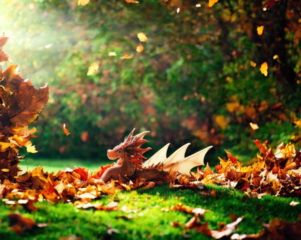 Toy Dinosaur in Autumn Leaves on Sunlit Grass with Greenery Bokeh