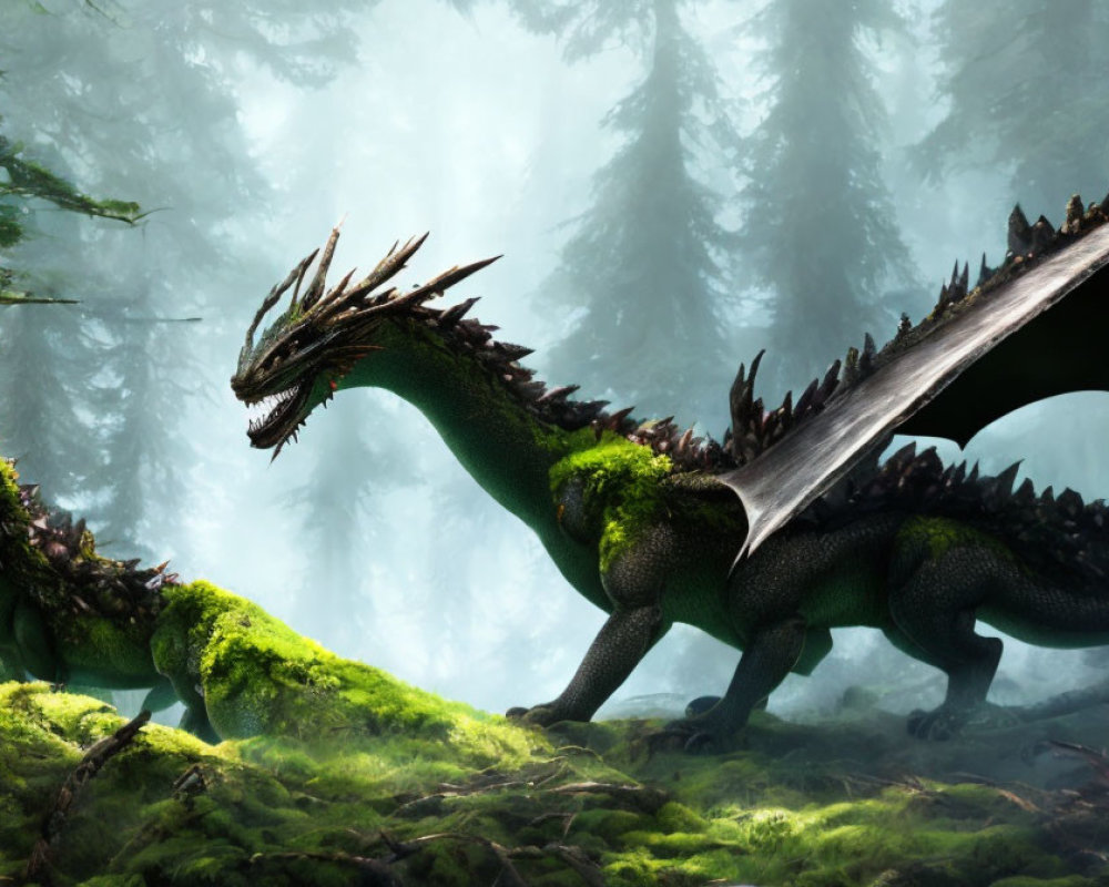 Moss-Covered Green and Black Dragon in Misty Forest