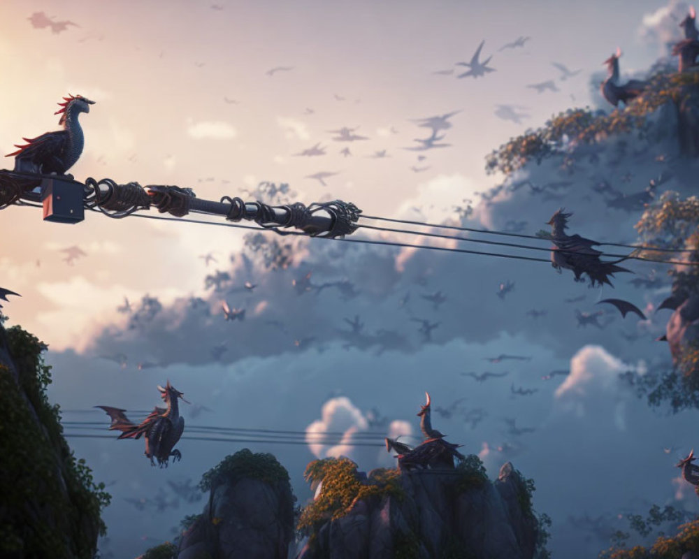 Dragons on Power Lines in Misty Mountain Landscape at Dusk