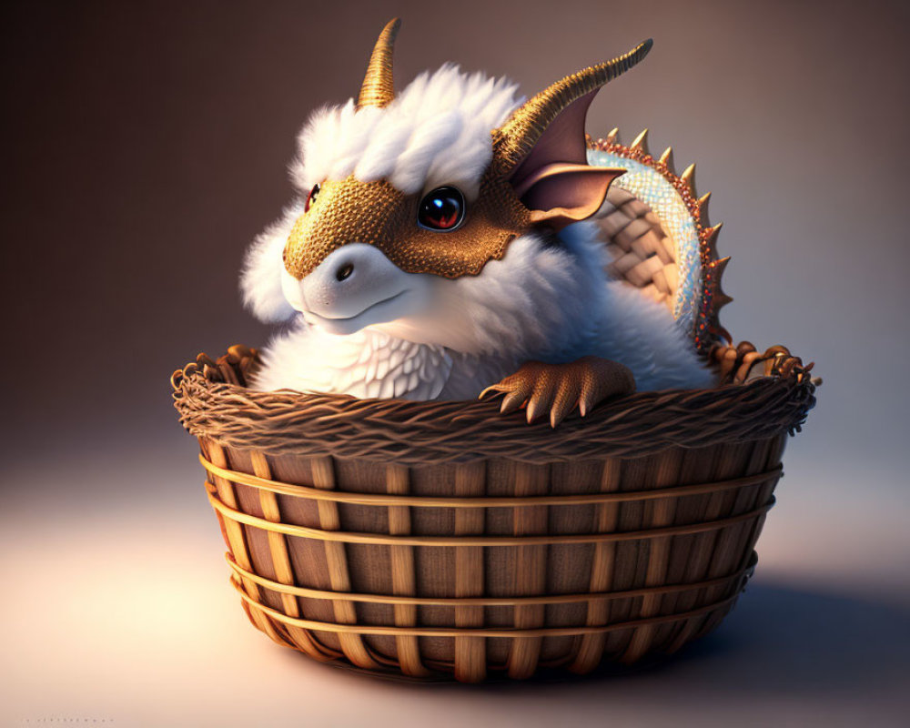 Fantastical white dragon with horns and golden eyes in a snug basket