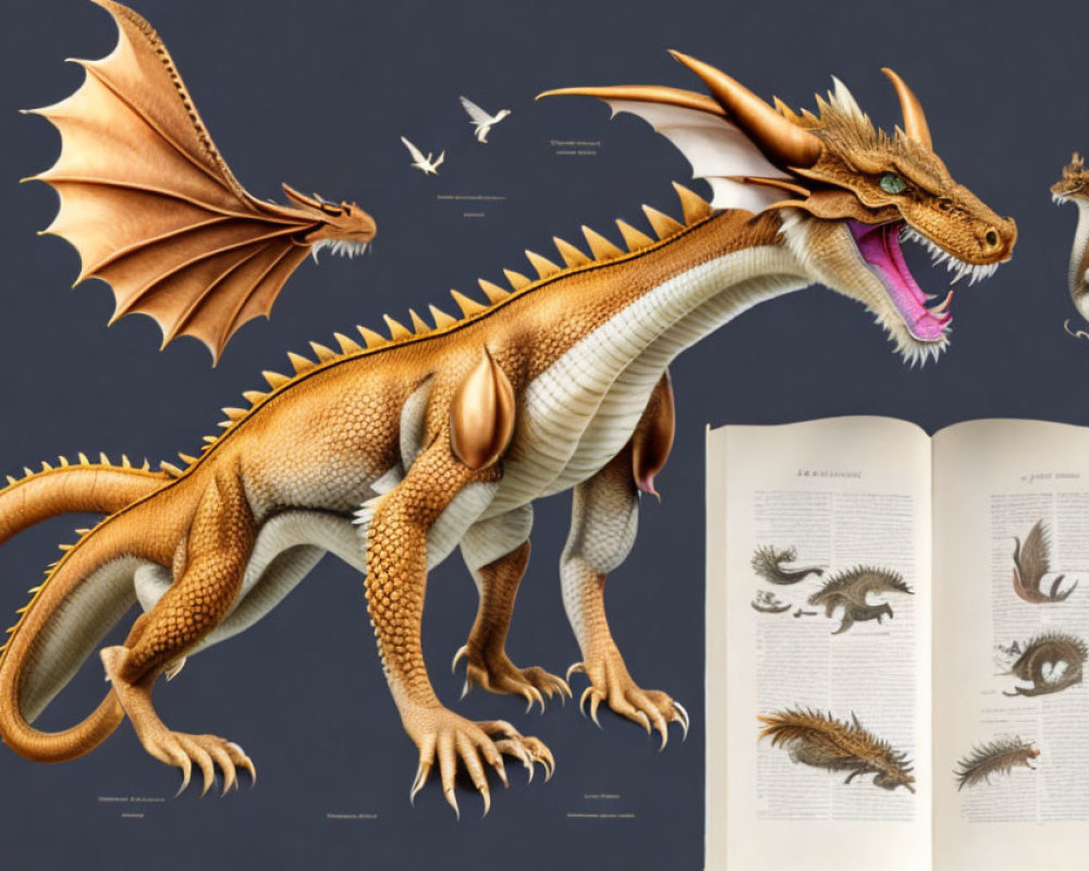 Detailed Dragon Illustration with Spread Wings and Scales Next to Dragon Designs on Book Pages