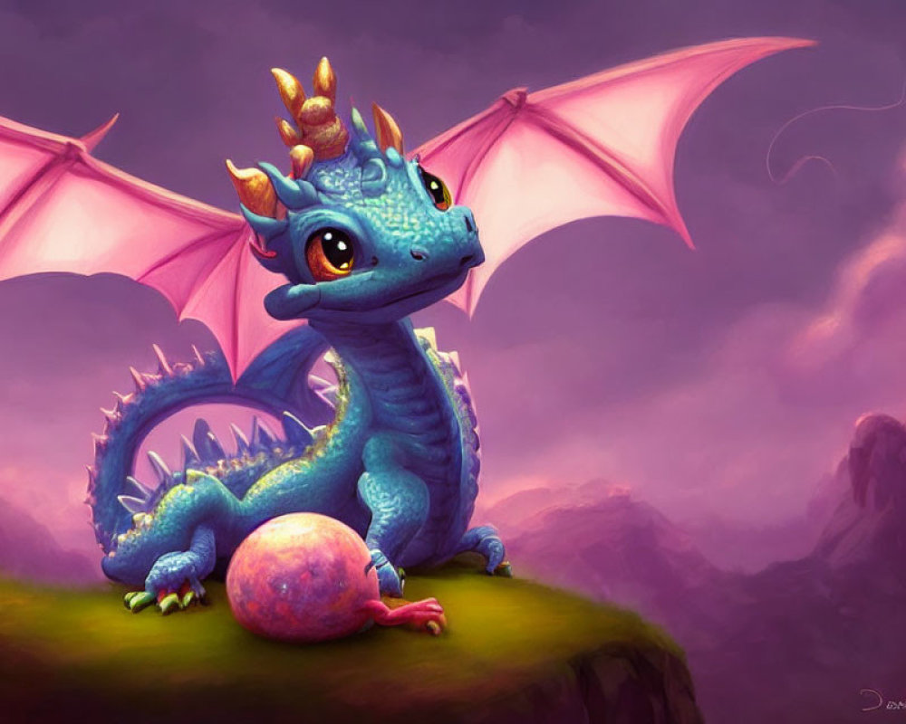 Blue dragon with yellow details holding pink fruit on cliff with purple sky
